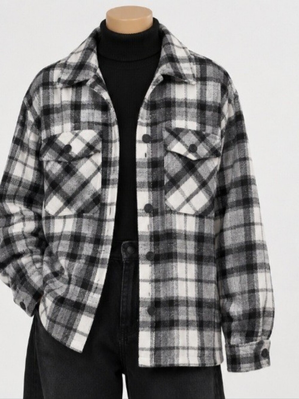 Black Tape Plaid Shacket Oversized Flannel Shirt Jacket Black White Grey Size M